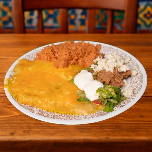 Enchiladas with Refried Beans & Spanish Rice